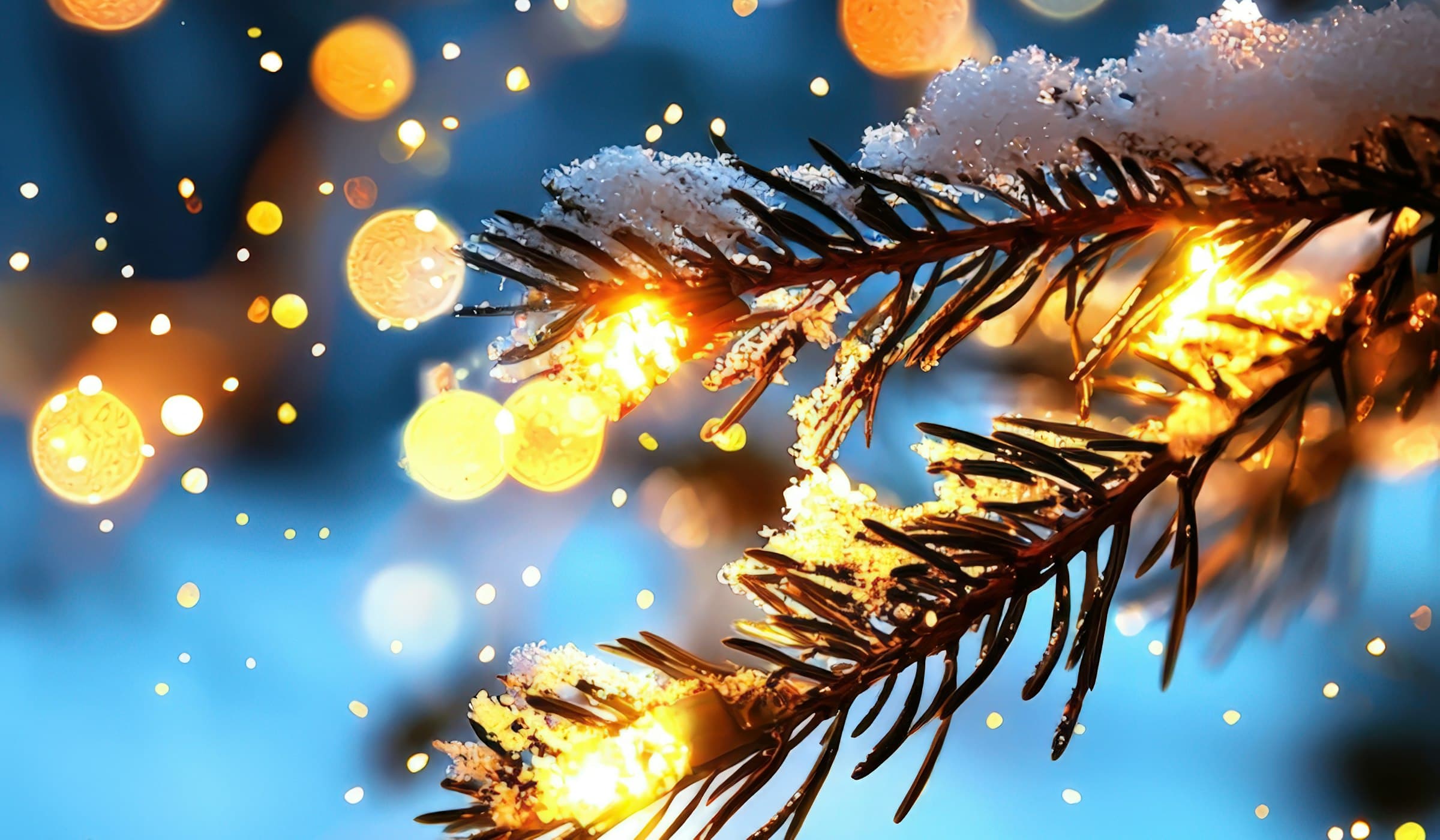 A snow-dusted pine branch strung with warm holiday lights against a blue winter dusk
