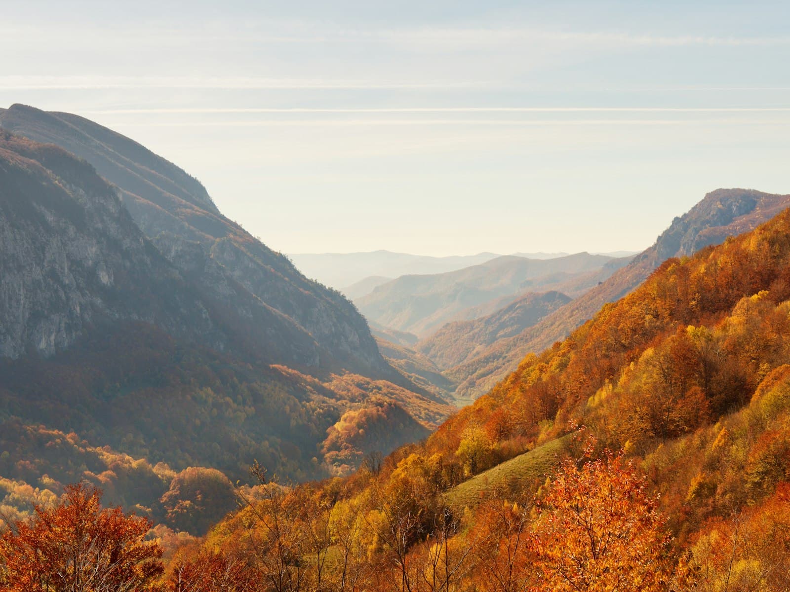 Sweeping Laurel Highlands autumn foliage over forested mountain ridges near Seven Springs