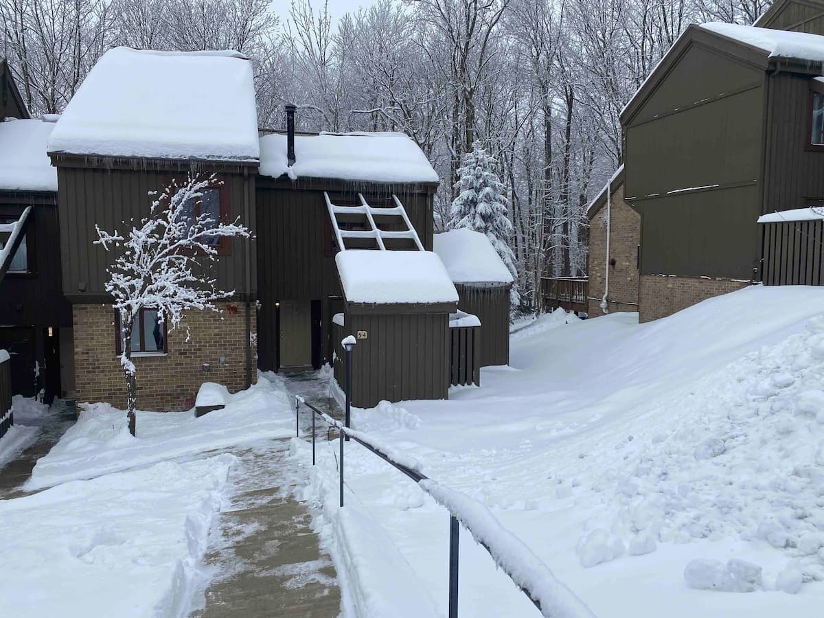 Mountain Haven after a past snowfall: snow-loaded roofs, frosted trees and a shoveled walk to the front door